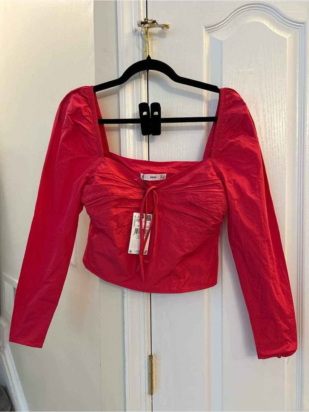 Mango Red Square-Neck Long Sleeve Crop Top with Front Tie